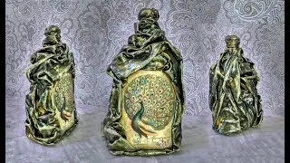 Бутылка, декорированная тканью. Декупаж