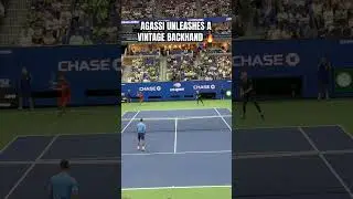 Andre Agassi busts out the vintage backhand at the Stars of the Open event 😆