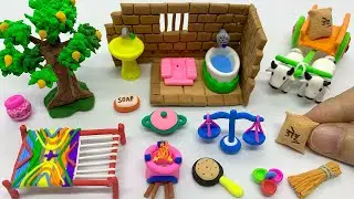 DIY How To Make Polymer Clay Miniature Kitchen set, Washroom, Cow Shed, Charpai| Minia Village house