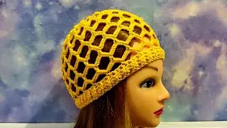 Летняя, ажурная шапочка крючком.  Шапочка для начинающих.