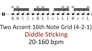 Diddle sticking (2 accents) | 20-160 bpm 16th note grid sheet music