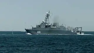Navy Stock Footage 2021 - Wide Shot Of Us Battleships At Sea With Soldiers On The Stern-42