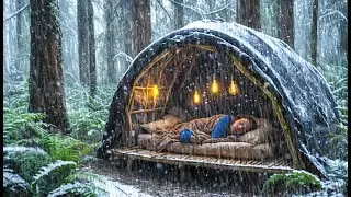 Building a Warm Bushcraft Shelter // in the VERY HEAVY RAIN!!