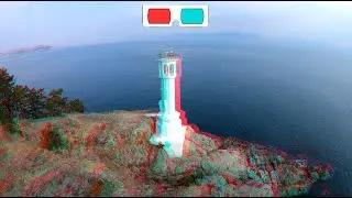 Drone 3D, 4K, Lighthouse on a rocky shore, YouTube 3D, ANAGLYPH, Red/Cyan