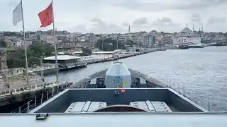 HMS Defender leaves Istanbul and sails through the Bosphorus