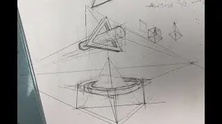 2 point perspective pyramid with ellipse hovering over and cylinder passing through triangle