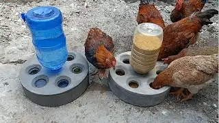 Utilizing plastic bottles and cement to create great chicken feeding tools