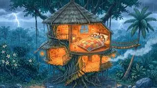 A Rainy Night in Our Seaside Treehouse | Warm Fire Inside | Ghibli Style ASMR