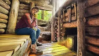 TINY-DUGOUT - Installed the STOVE in the WALL and HID in the woods - ASMR BUSHCRAFT