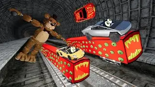 КАТАЕМСЯ НА ПОЕЗДАХ ПОЖИРАТЕЛЯХ В ТУННЕЛЕ МЕТРО! Фредди против поездов. Гоша и Чич Beamng Drive.