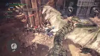 Insect Glaive and Light Bowgun duo fight Rathian in the Monster Hunter: World arena