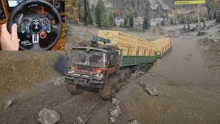 Одна из лучших машин DLC в SnowRunner KRS58 «Бандит» доставляет два перегруженных прицепа