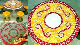 A unique round table for a cafe in the garden, served from cement and ceramic tiles #5!
