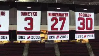 Unique drone view of New Jersey Devils banners at Prudential Center