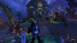 Void Elf Death Knight Dancing atop the Valdrakken Fountain