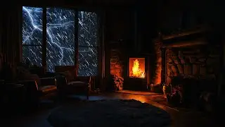 Rain Falling in Cabin with Crackling Fireplace for a Restful Night and Calming Ambience