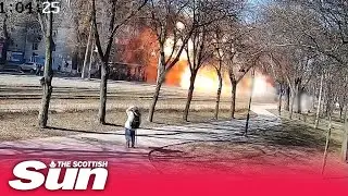 Moment explosion caught on CCTV in Kyiv as civilians flee the blast