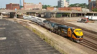 Amtrak departs Kansas City with Operation Lifesaver P42 and Retired Metrolink