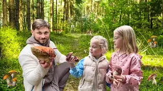 Семейная охота за грибами: удача в лесу.