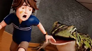 Gregory sees a giant frog and runs away?