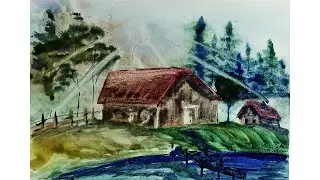 Как нарисовать пейзаж акварелью. Как нарисовать деревенский пейзаж. Нарисуем домик у реки.