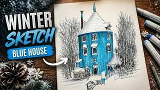 Drawing a Blue House in the WINTER with Marker Pens! | Urban Sketching Architecture