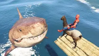 سبايدرمان يقفز الحصان فوق أكبر سمكة قرش قراند 5 GTA V Spiderman jumps with horse into megalodon