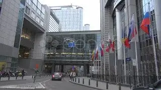 European Parliament Brussels Belgium Street Traffic Flag Politic Institution. Stock Footage