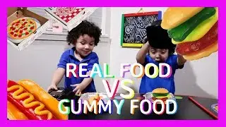 Real Food vs Gummy Food Kids Fun Challenge Taste Test Giant Gummy Candy Tasting Game
