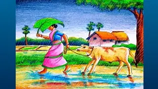 Village rainy season scenery drawing step by step/Village rainy day scenery drawing colour