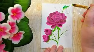 Простая роза акрилом 2. Ванстрок двойной мазок. Рисуем более  сложные бутоны и листья.