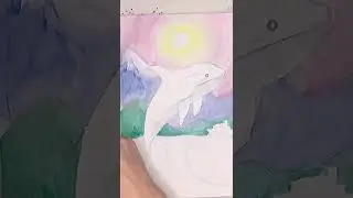 Landscape in watercolor with a killer whale jumping out of the water. Drawing killer whale.
