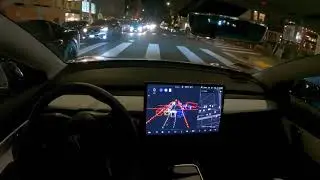 Тесла едет на автопилоте по ночному городу
