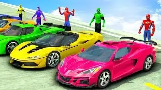 SPIDERMAN CARS Mega Water Lake Ramp Challenge! SUPERHERO GOKU Monster Truck JEEP Cycle Race - GTA V