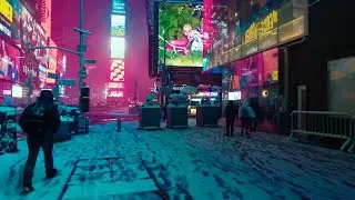 NYC Cyberpunk Walk | Snowfall in 42nd St, Times Square, 57th St, 5th Ave, Rockefeller Center
