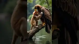 Baby Monkey Plays with a Giant Eagle on a Tree—Surrounded by Water and Danger! 