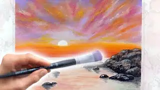 Как нарисовать камни на берегу моря. Закат в море.