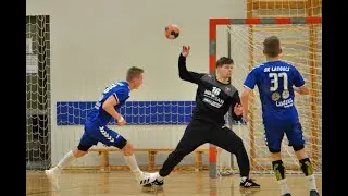 Triple handball goalkeeper save by Purins
