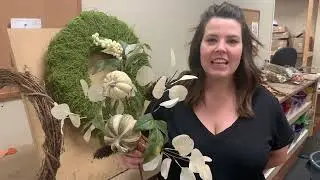 How to Tutorial with Anna: sage stripe floral eucalyptus pumpkin swag kit with ribbon and fall stems