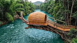 Build a Shelter on a Tree Trunk that Jutted out over the River. Survival Alone in the Forest.