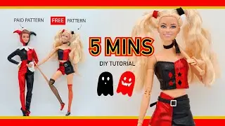 DIY Harley Quinn barbie doll clothes, with free and easy sewing pattern, Halloween costume