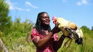 A LADY SLAUGHTERING WHITE ROOSTER FOR FOOD IN WHITE BOOTS