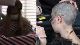 Girl crying Headshave in barbershop.2024