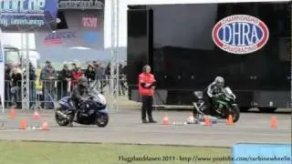 Kawasaki ZX10R vs. Suzuki Hayabusa (10.113s vs. 10.167s) (Flugplatzblasen Aalen-Elchingen 2011 HD)