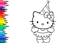 Hello Kitty Wearing Birthday Cap Drawing and Coloring Tutorial for Kids & Toddlers