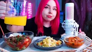 Плов с курицей с овощным салатом и баклажанной икрой мукбанг/mukbang