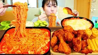 ASMR MUKBANG| 직접 만든 불닭 크림 파스타 고추바사삭 양념치킨 먹방 & 레시피 FRIED CHICKEN AND FIRE NOODLES EATING