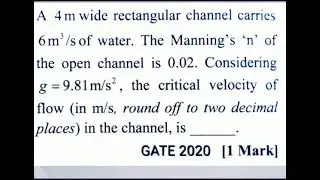 GATE 2020 Question From open channel flow with solution