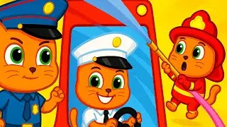 Kedi Ailesi | Polis VS İtfaiyeci VS Okul Otobüsü Şoförü | Çocuklar için Çizgi Film