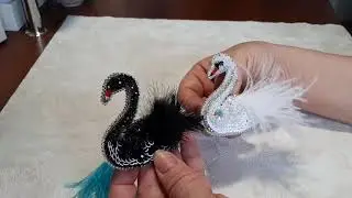 Swan brooch, feather earrings, handmade